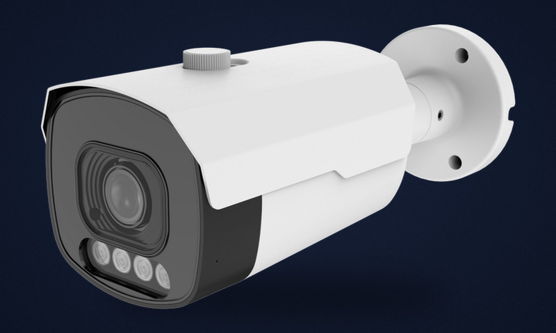 Bullet security camera with a long body, sun shield and wall bracket