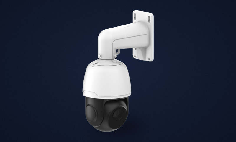 PTZ speed dome security camera on a wall-mount arm