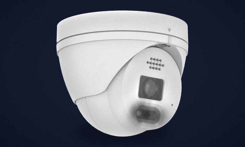 Turret security camera with an open lens and built-in spotlight bar