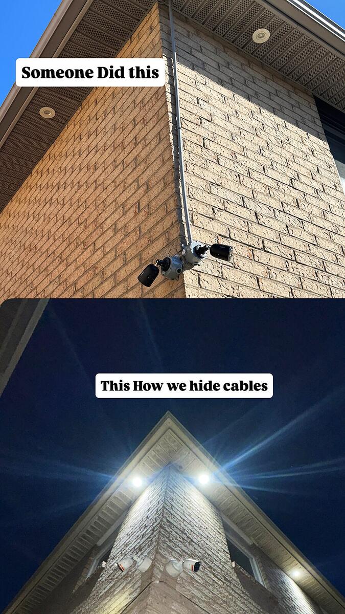 Comparison showing exposed surface conduit versus RM Security Services hidden cable installation
